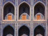 The Registan contains three madrasahs (schools), the Ulugh Beg Madrasah (1417–1420), Tilya-Kori Madrasah (1646–1660) and the Sher-Dor Madrasah (1619–1636).<br/><br/>

The Ulugh Beg Madrasah has its imposing portal with lancet arch facing the square. The corners are flanked by the high well-proportioned minarets. The mosaic panel over the entrance arch is decorated by geometrical stylized ornaments. The square-shaped courtyard includes a mosque, lecture rooms and is fringed by the dormitory cells in which students lived. There are deep galleries along the axes.<br/><br/>

Originally the Ulugh Beg Madrasah was a two-storied building with four domed darskhonas (lecture room) at the corners. The madrasah was one of the best clergy universities in the Moslem Orient of the 15th century. Abdurakhman Djami, a prominent poet, scientist and philosopher studied here. Ulugh Beg himself gave lectures here. During Ulugh Beg's government the madrasah was a centre of secular science.